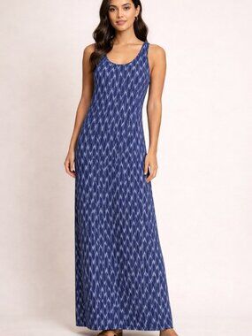 Ivanka Trump long halter navy blue pattern dress with gold detail, size small